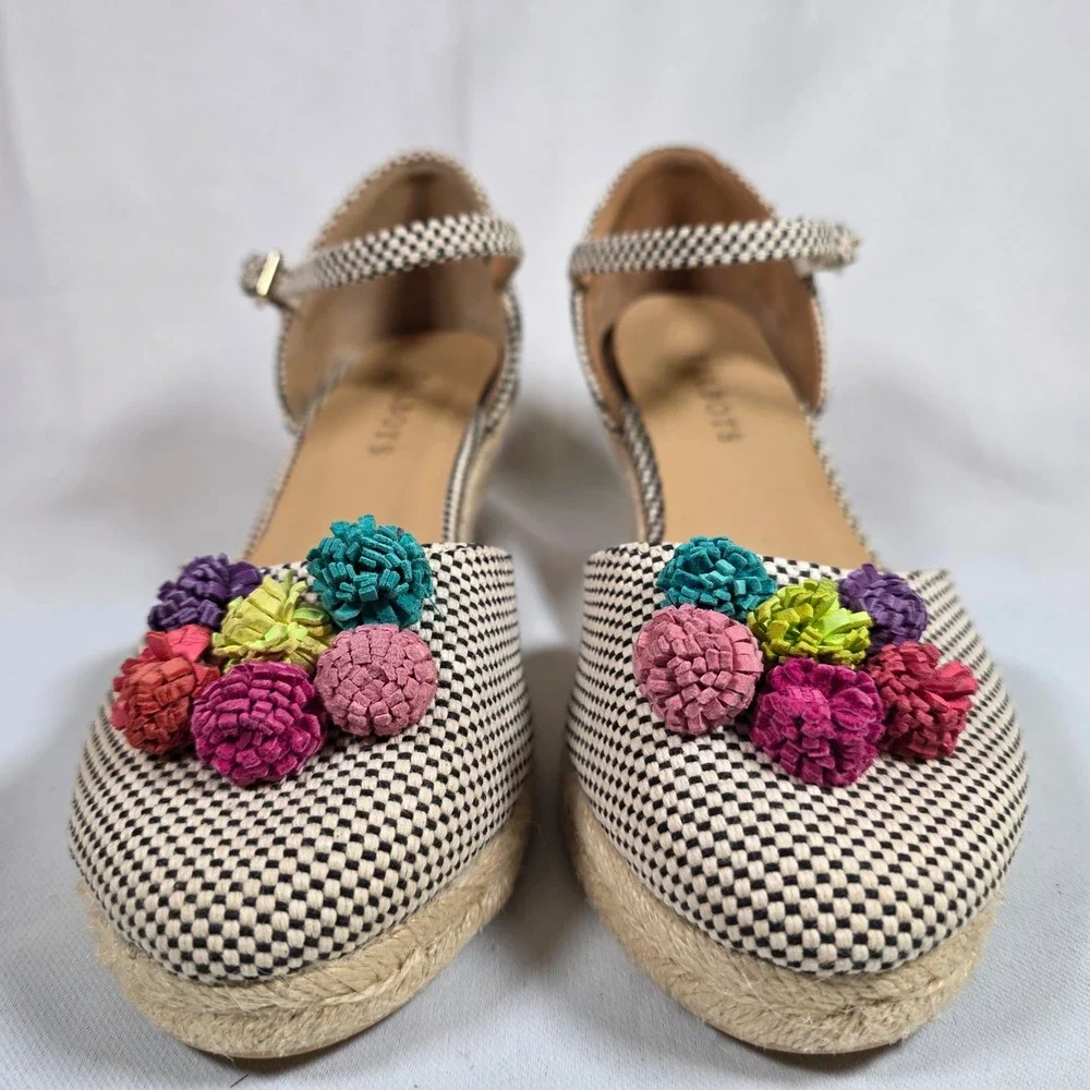 Talbots Lyndsay D'Orsay Cotton Espadrille Wedges Womens 7‎ Colorful Pom Pom